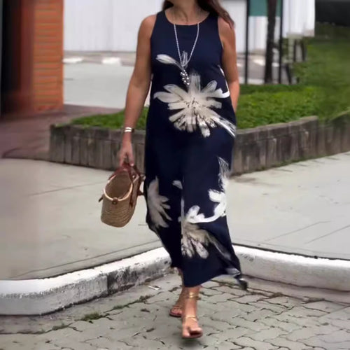 Damen nan ärmelloses lässiges Maxikleid aus Leichtjersey mit großflächigem Pinselblumenmuster und versteckten Seitentaschen R&B