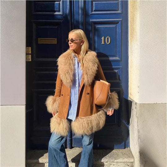 Damen Elegante Teddyjacke mit Taillengürtel und voluminösem Kragen R&B