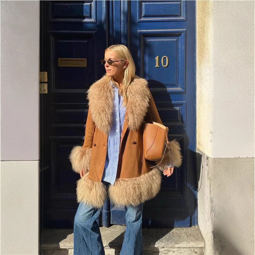 Damen Elegante Teddyjacke mit Taillengürtel und voluminösem Kragen R&B