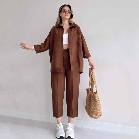 Damen lässige Loungewear-Kombination mit leichtem Leinenhemd und elastischer Hose R&B