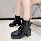 Damen Schnürstiefeletten mit modischen Schnallen und robustem Blockabsatz R&B