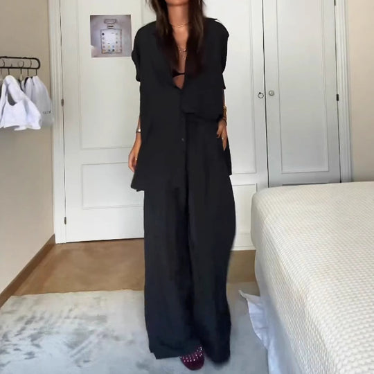 Damen Leinenweite Hose mit tailliertem Oberteil und KNopfdetails R&B