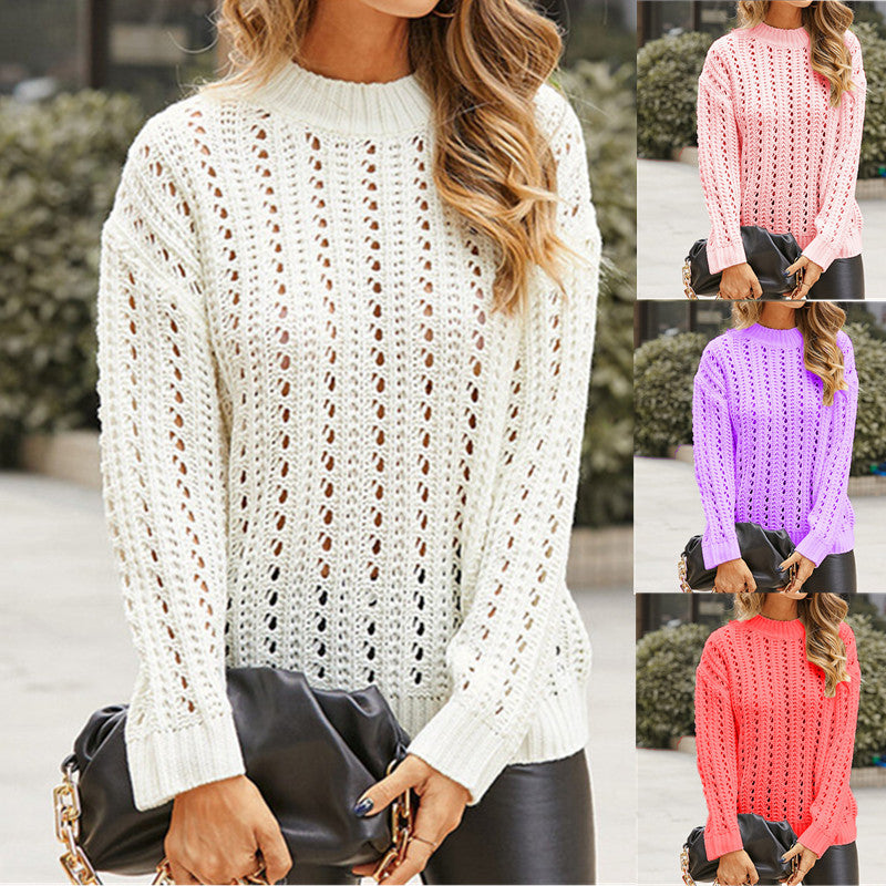 Damen luftiger Strickpullover mit Lochmuster und modernem Stehkragen R&B