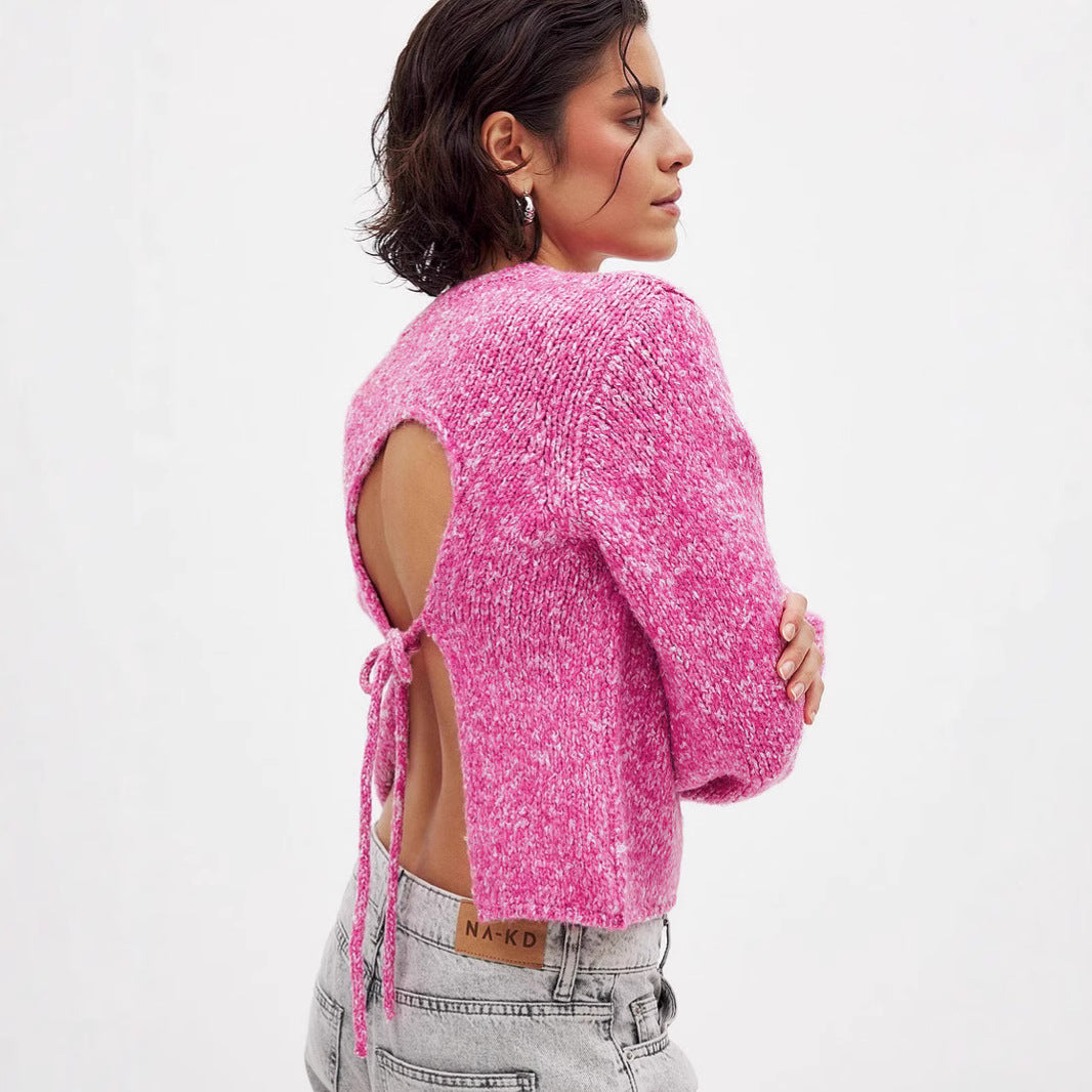 Damen Strickpullover mit offenem Rückendesign und eleganter Schnürung R&B