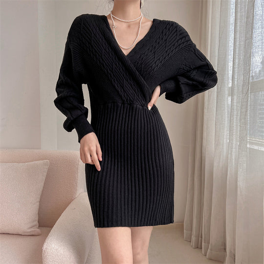 Damen Elegantes Strickkleid mit V-Ausschnitt und strukturiertem Oberteil R&B