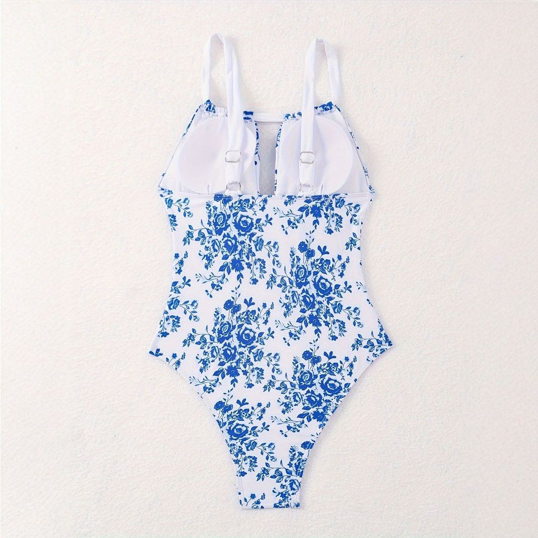 Damen Einteiliger Badeanzug mit floralem Design und tiefem V-Ausschnitt R&B