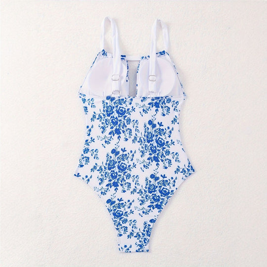 Damen Einteiliger Badeanzug mit floralem Design und tiefem V-Ausschnitt R&B