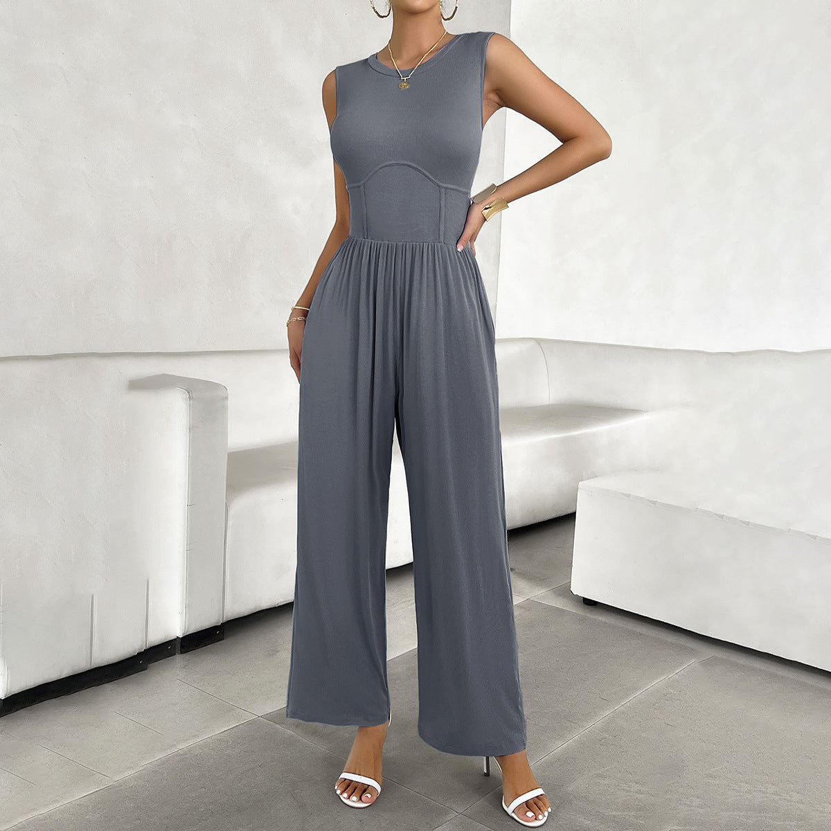 Damen Lässiger Jumpsuit mit weitem Bein und taillierter Ausarbeitung R&B