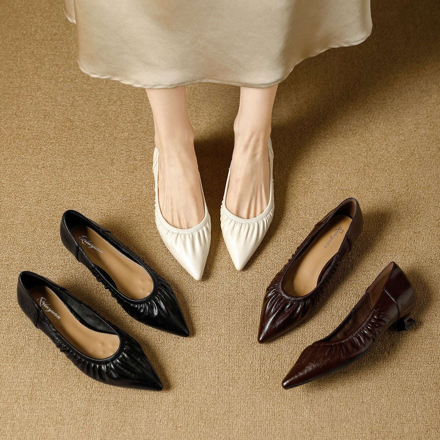 Damen elegante spitze Ballerinas mit raffiniertem Falten-Design