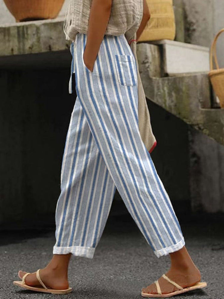Damen Weite Leinenhose mit handgewebtem Muster R&B