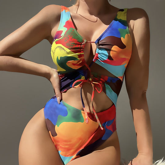 Damen Einteiler Badeanzug mit buntem Cut-Out-Design R&B