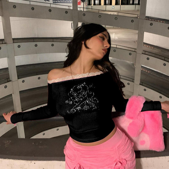 Damen Oberteil mit Off-Shoulder Design und romantischem Spitzenbesatz R&B