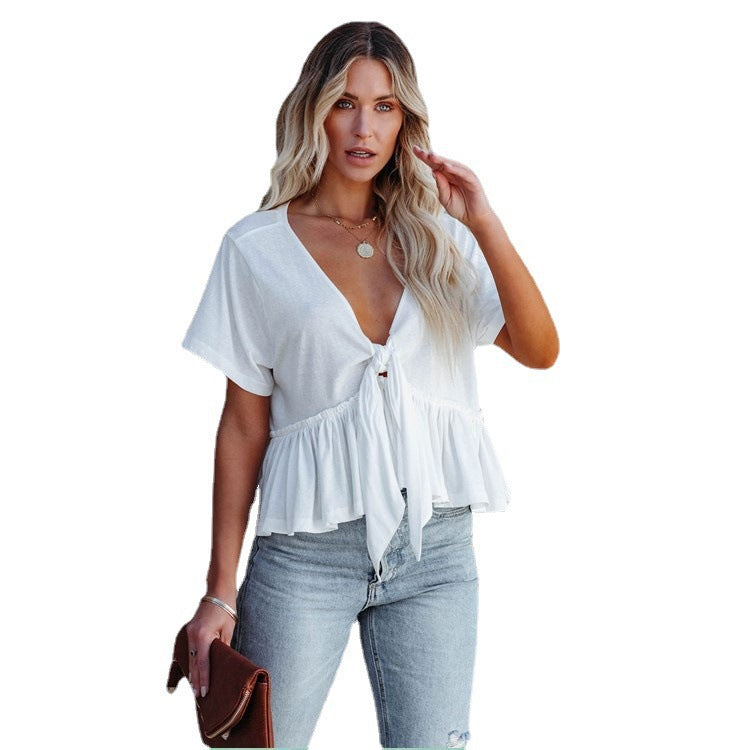 Damen Kurzarm Bluse mit knotbarem Design und frilligem Saum R&B