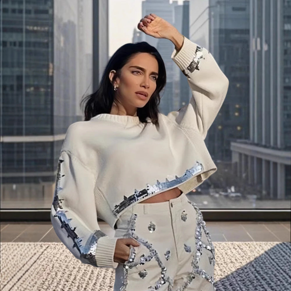 Damen modischer cropped Pullover mit Pailletten R&B