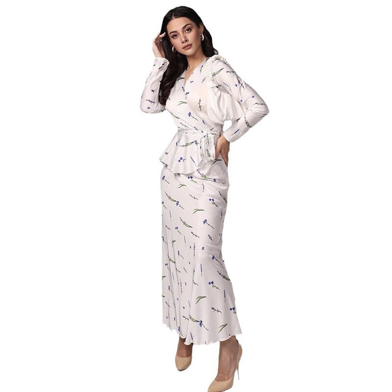 Damen elegantes Maxi-Kleid mit tiefem V-Ausschnitt und tailliertem Design R&B