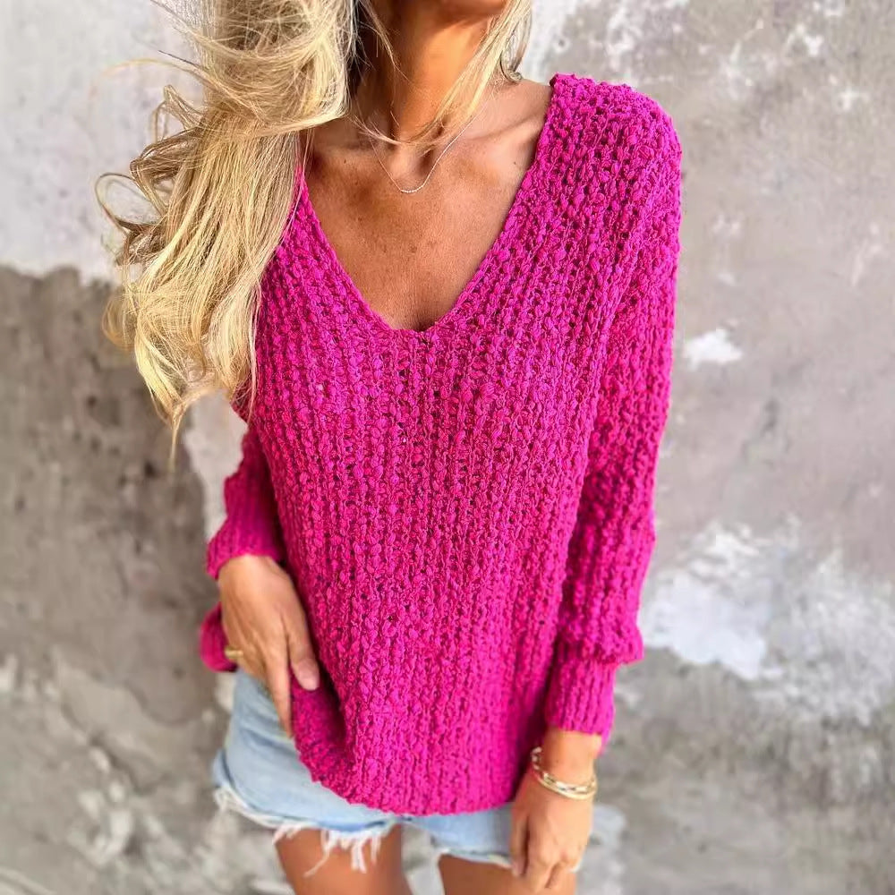 Damen Bequemes V-Ausschnitt Sweatshirt mit Struktur und langen Ärmeln R&B