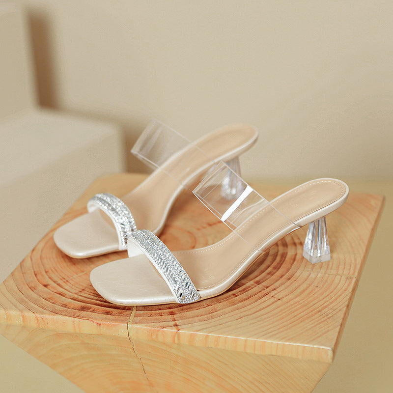 Damen transparente Sandalen mit glitzerndem Riemen und stylish transparentem Absatz