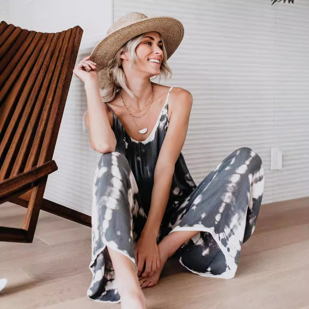 Damen Lässiger Maxijumpsuit aus leichtem Stoff mit Tie-Dye-Muster R&B