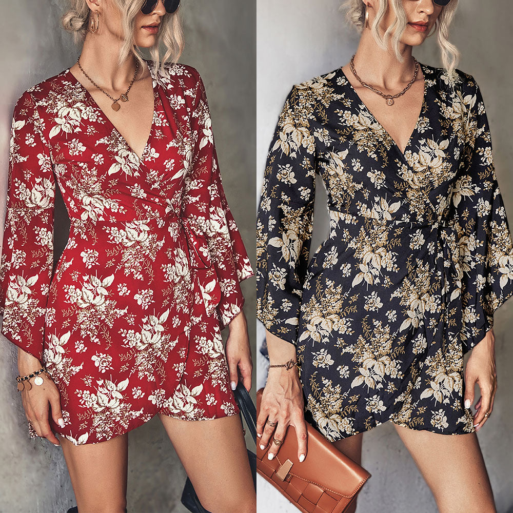 Damen Wickelkleid mit voluminösen Ärmeln und floralem Print R&B