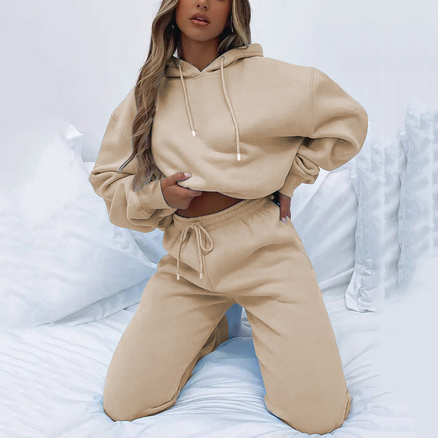Damen nan Cropped Kapuzenjacke und High-Waist Jogginghose Set aus French Terry mit elastischem Bund R&B