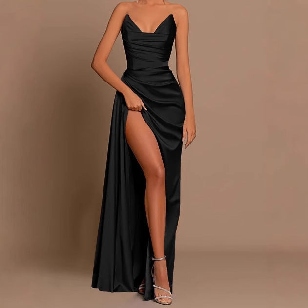 Damen Elegantes Langarm-Maxikleid mit drapierten Details und hohem Schlitz R&B