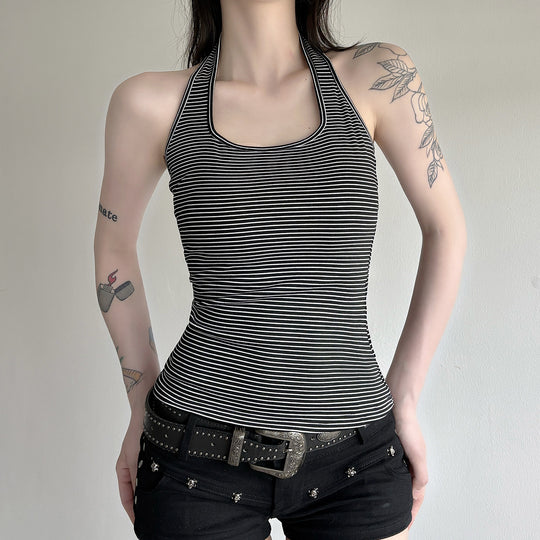 Damen Sportliches Haltertop mit breitem Kragen und feinen Streifen R&B