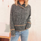Damen lässiger Strickpullover mit modischem Kragen und fransigen Akzenten R&B