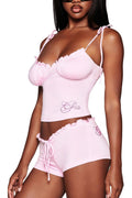 Damen Satin Schlafanzug-Set mit Rüschendetails und verstellbaren Trägern R&B