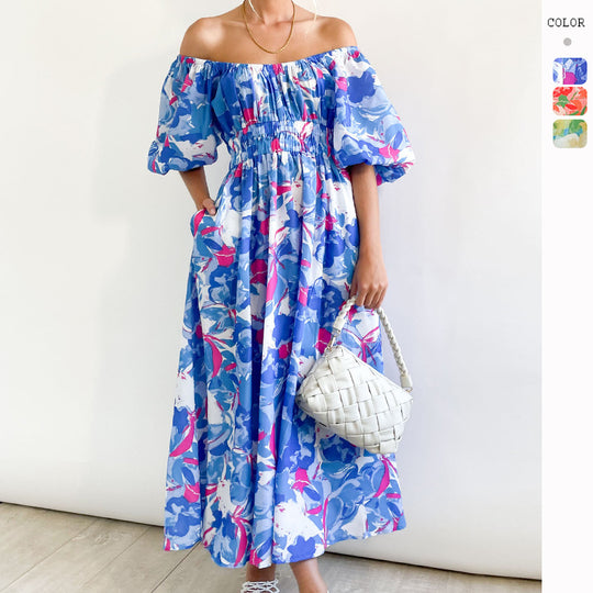 Damen Off-Shoulder Maxikleid mit floralen Mustern und elastischem Bund R&B