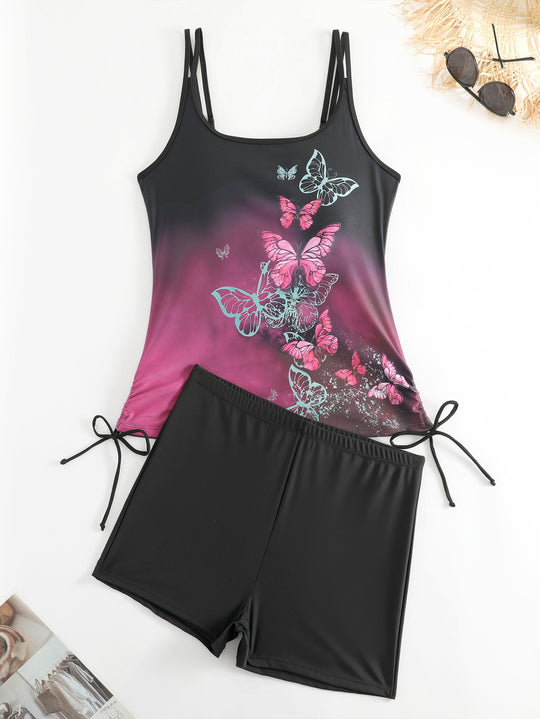 Damen Tankini mit Schmetterlingsmotiv und Badeshorts R&B