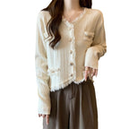 Damen gemütliche Strickjacke mit dezenten Fransen und modischen Knöpfen