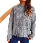 Damen Grobstrickpullover mit romantischem Wellenmuster und volumetrischen Ärmeln R&B