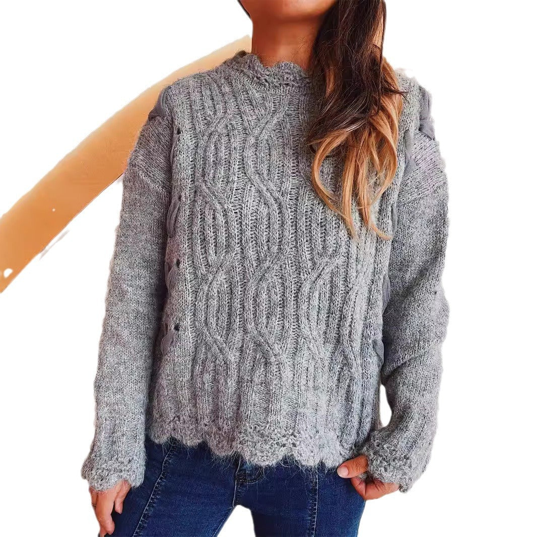 Damen Grobstrickpullover mit romantischem Wellenmuster und volumetrischen Ärmeln R&B