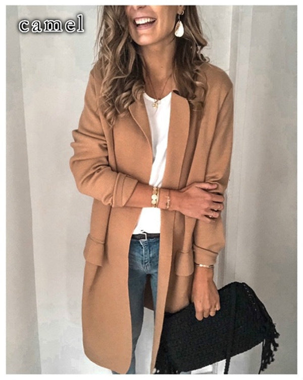 Damen stylische lange Jacke mit klassischem Revers R&B