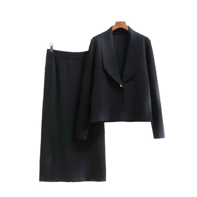 Damen elegantes Strickensemble mit Blazer und Midi-Rock R&B