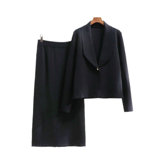 Damen elegantes Strickensemble mit Blazer und Midi-Rock R&B