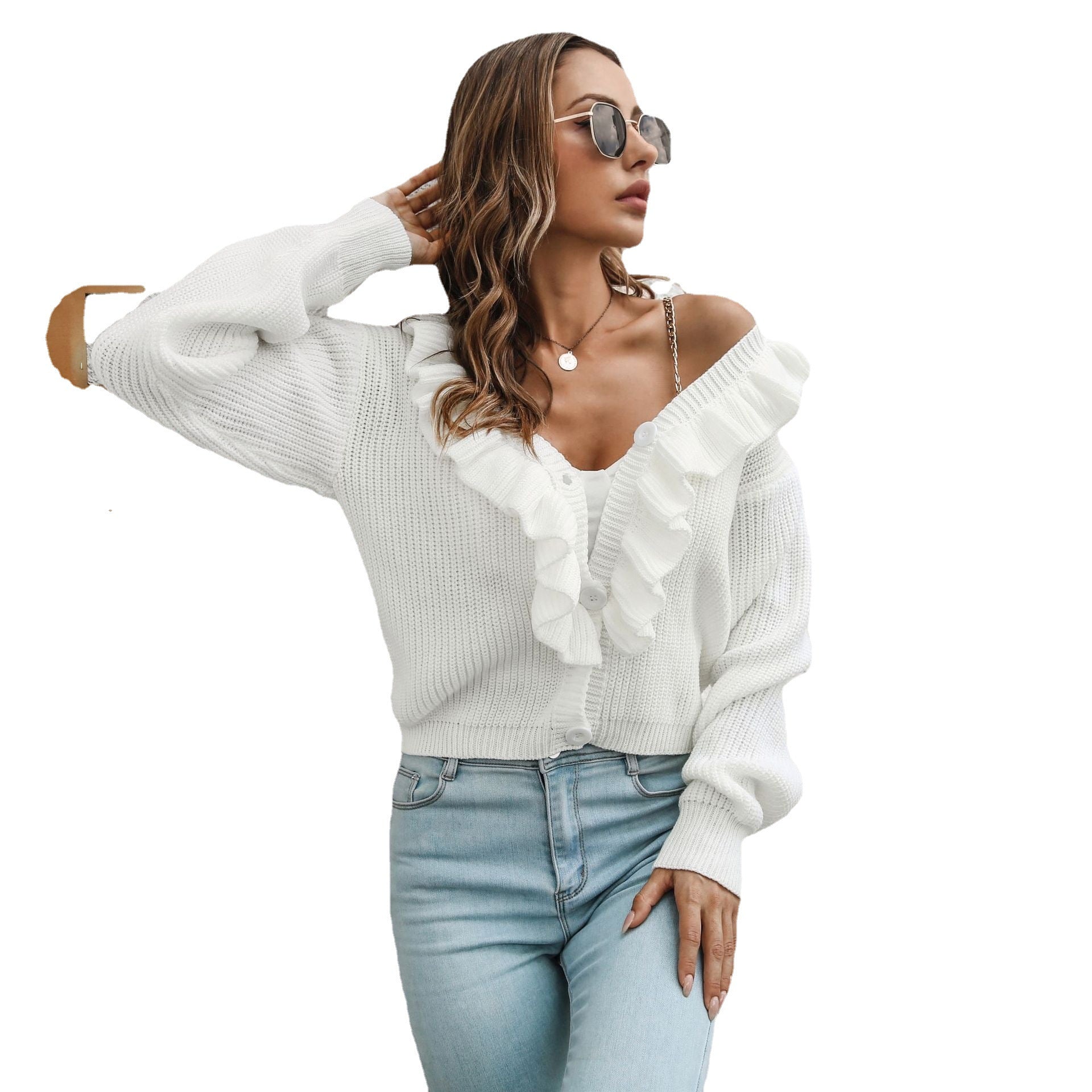 Damen Strickjacke mit Rüschendetails und Knopfverschluss R&B