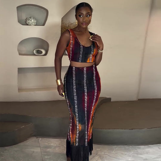 Damen Zweiteiliges Festliches Outfit mit Fransendetails R&B
