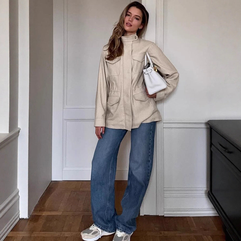 Damen lässige Utility-Jacke mit hohem Kragen und praktischen Taschen R&B