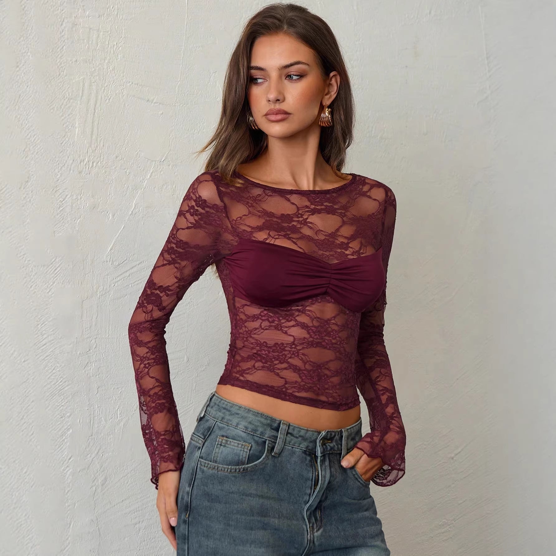 Damen nan tailliertes Spitzenoberteil mit integriertem Bustier und geraffter Brustpartie R&B