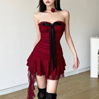Damen elegantes Wickelkleid mit voluminösen Rüschendetails und Taillenband R&B