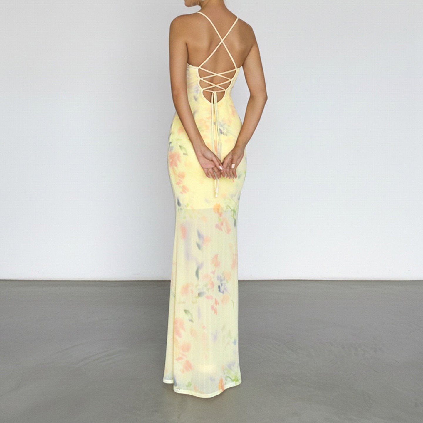 Damen Blumen Maxikleid mit raffinierten Spaghettiträgern und Spitzen-Akzenten R&B