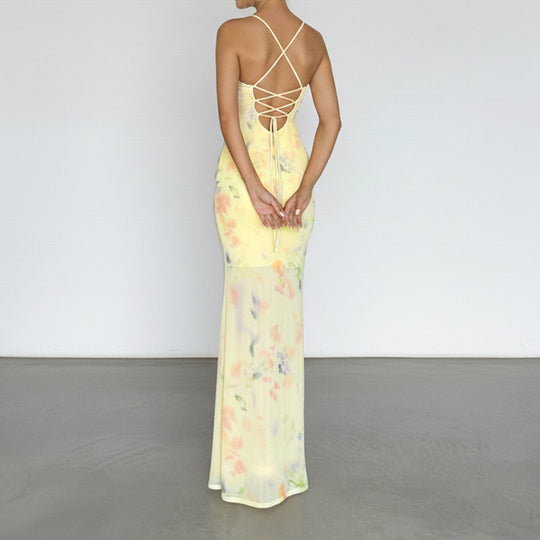 Damen Blumen Maxikleid mit raffinierten Spaghettiträgern und Spitzen-Akzenten R&B