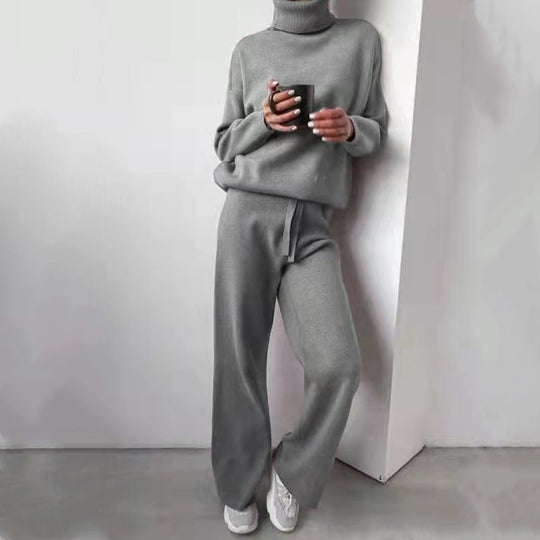 Damen elegantes Strick-Loungewear-Set mit hohem Kragen und weitem Bein R&B