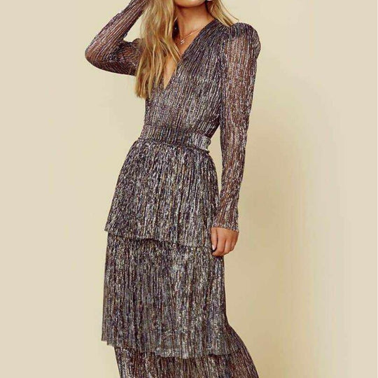 Damen Glamouröses Abendkleid mit schillernden Lagen und V-Ausschnitt R&B