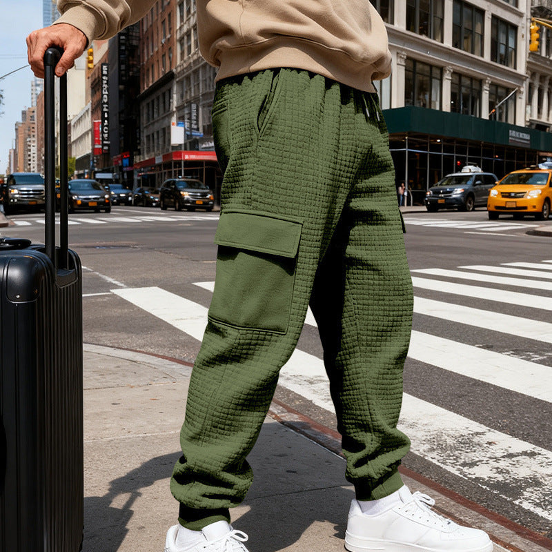 Herren nan Waffelstruktur Cargohose im Joggingstil mit Klappentaschen und elastischem Bund R&B