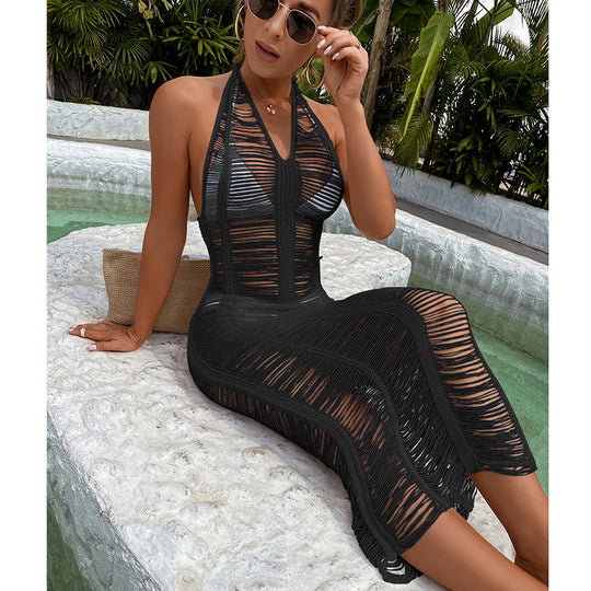 Damen Häkel-Strandkleid mit fransigen Elementen und hoher Taille R&B