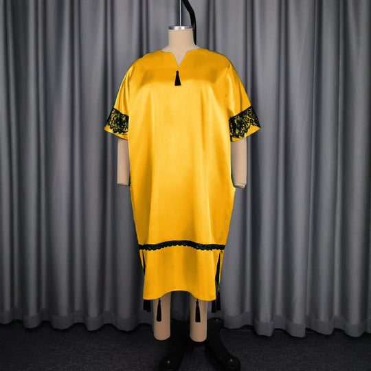 Damen elegantes Kaftankleid mit raffinierten Spitzenärmel und dekorativen Quasten R&B