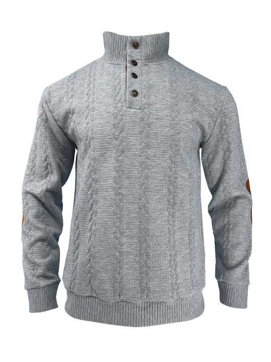 Herren nan lässiger Zopfstrickpullover mit verstärkter Knopfleiste und Wildleder-Ellenbogenpatches R&B