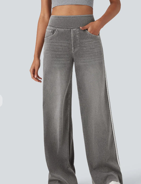 Damen weite Denim-Hose mit seitlichem Streifen und hohem Bund R&B